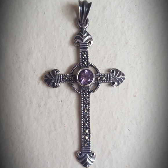 Vintage Sterling Amethyst CZ and Marcasite Cross - Picture 1 of 6